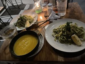 Pesto pasta and pumpkin soop  at Mana Retreat in 
