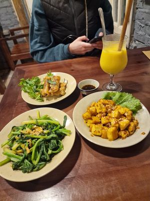 Garlic butter tofu, seasonal vegetables and spring Rolls. Mango smoothie made with soy milk unless requested to be done with water at Thong Dong 2 - Vegan Friendly Kitchen in Lao Cai