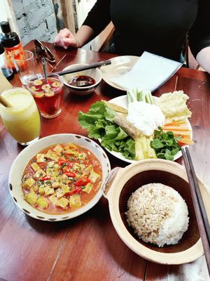 Tofu in Tomatensauce und frische Frühlingsrollen mit Apfel-Ingwertee und Ananassaft at Thong Dong 2 - Vegan Friendly Kitchen in Lao Cai