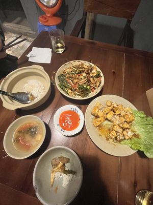Fried mushrooms, butter garlic tofu and the small bowl of soup you get with the rice. #Veganuary at Thong Dong 2 - Vegan Friendly Kitchen in Lao Cai