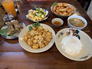 Butter tofu, vietnamese salad, tempura veg and fried spring rolls  at Thong Dong 2 - Vegan Friendly Kitchen in Lao Cai