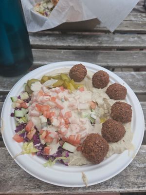 Baba, hummus, falafel salad plate at Rami's in Brookline