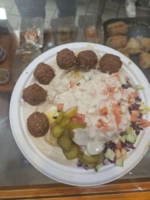 Baba, hummus, falafel salad plate at Rami's in Brookline