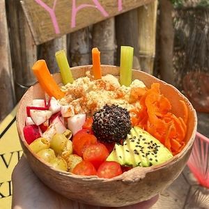 Hummus Bowl with Sweet-Potato Hummus and Quinoa at YAAB Vegan Kitchen in Puerto Escondido