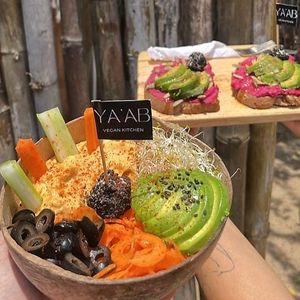 Hummus Bowl "El Camote" & "Tostado Violeta" at YAAB Vegan Kitchen in Puerto Escondido