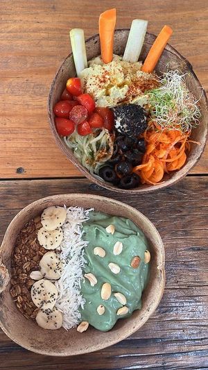 Spirulina Smoothie Bowl and Avocado Hummus Bowl at YAAB Vegan Kitchen in Puerto Escondido