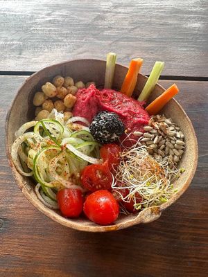 Beetroot Hummus Quinoa Bowl with Chickpeas at YAAB Vegan Kitchen in Puerto Escondido