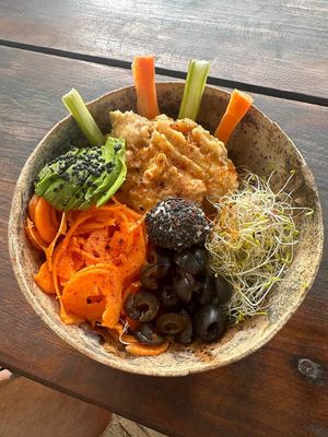 Sweet potato Hummus Quinoa Bowl at YAAB Vegan Kitchen in Puerto Escondido