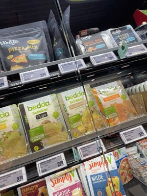 Vegan cheese section  at REWE Markt Familie Röttcher in Kaarst