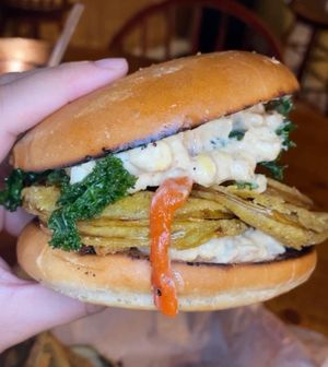 Had the vegan fried green tomato sandwich with fried okra and it was AMAZING  at Kingfisher Sandwiches in Pensacola