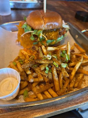 Vegan Broc of Ages: 
House made patty of broccoli, white beans and rice topped with house BBQ onions, fried cheddar cheese and chipotle mayo at Q Burger in Qualicum Beach