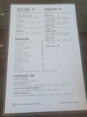 Menu at Kelly's Warung in Pecatu