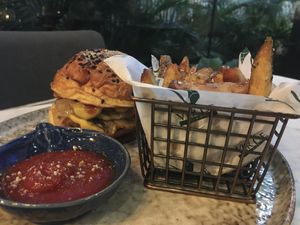 Beyond meat burger with french fries   at Ver De in El Nido