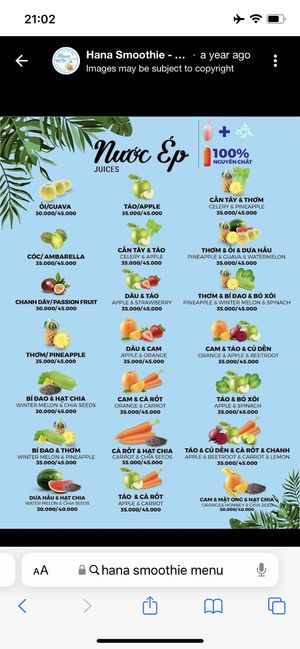 Menu   at Hana Smoothie in Ho Chi Minh City