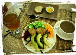 Dragon salad with sprouted sourdough bread (and pumpkin butter) and Mexican black bean soup. at Earth Cafe and Market in Ubud