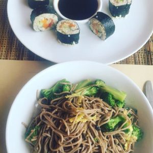 tempeh veggie nori rolls and soba noodle stir-fry at Earth Cafe and Market in Ubud