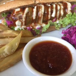 Seitan hotdog at Earth Cafe and Market in Ubud
