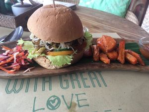Best seitan burger i have had! at Earth Cafe and Market in Ubud