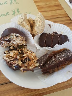 Variety of raw vegan treats at Earth Cafe and Market in Ubud