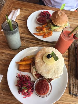 Seitan burger (top) and BLT sandwich (bottom) at Earth Cafe and Market in Ubud