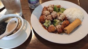 seaweed soup, sesame ";chicken"; and broccoli, and spring roll at Green Sprout in Atlanta