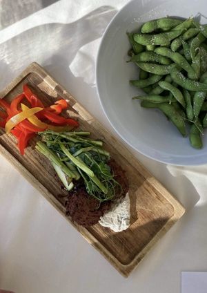 falafel with a cashew cream, shaved asparagus salad and peppers and edamame with sea salt  at The Oxford House Inn in Fryeburg