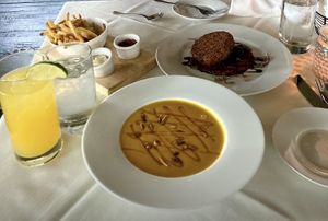 vegan fall squash soup and vegan quinoa cakes  at The Oxford House Inn in Fryeburg