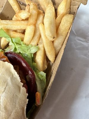 Vegan burger and chips  at Malibu Burgers in Ballina