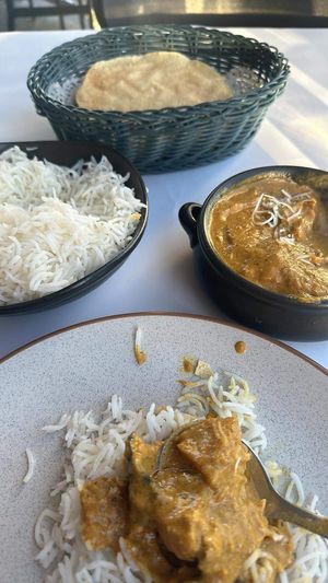 Potato and eggplant curry with rice and pappadums  at Mumbai Masala in Ballina