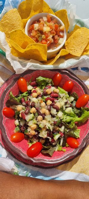 Three bean salad and nachos with salsa at The Tiki Bar in Bridgetown