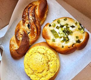 Green Onion bun, BBQ bun, coconut raisin bun at Tai Zhan Bakery in Saratoga