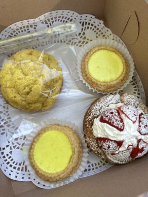 Eggless tarts, pineapple bun, and strawberry croissant   at Tai Zhan Bakery in Saratoga