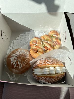 Red bean bun, hot dog bun, and coconut cream bun  at Tai Zhan Bakery in Saratoga