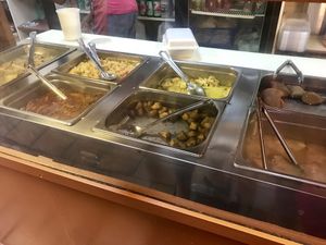 Such a great variety😄on the left it’s a no meat turkey, and they have tofu (3rd from the left on top) below that is potatoes. we tried all these and were yummy 😋  at Ma's Vegi Deli in St Thomas