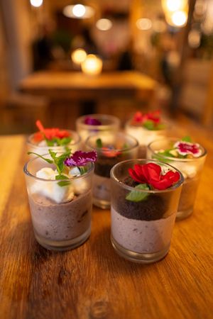 Mousse de Cacao con flores comestibles y menta at Maxan in Antigua