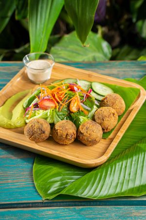 Croquetas de hongos, amaranto y aderezo vegano at Maxan in Antigua