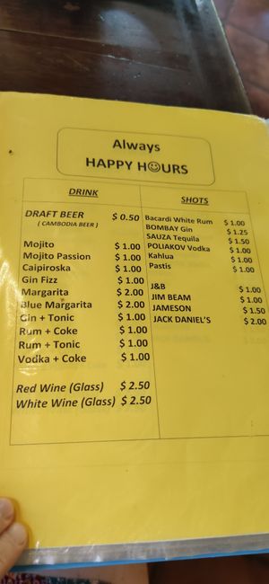 Drinks menu at Khmer Taste in Siem Reap