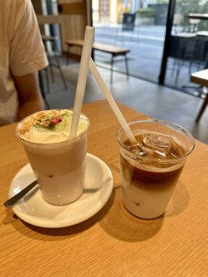 Sakura drink with soy milk and iced soy latte  at Common Well  in Kyoto