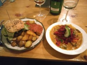 Black bean burger with potatoes, and curried beats and chickpeas  at Kombuse in Mannheim