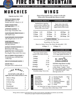 Menu at Fire on the Mountain in Denver