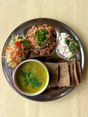 Potato dumpling in green coconut soup at The Arty Vegan - थे'आर्टिवेजन कैफे in Pushkar