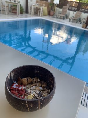Breakfast by the pool  at GOJI Vegan Hotel in Rhodes