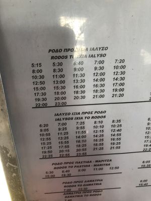 Timetable for the bus. Make sure to buy a ticket BEFORE boarding. If the machine is broken, you can buy one at the supermarket or ice cream vendor nearby (Ialysos Center)  at GOJI Vegan Hotel in Rhodes