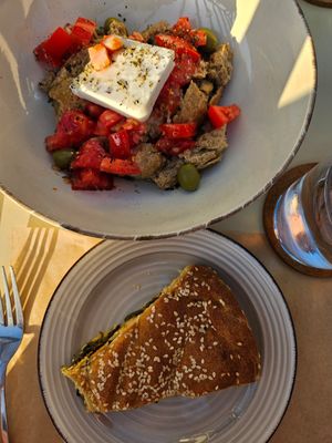 Bread salad with vegan feta & pie at GOJI Vegan Hotel in Rhodes
