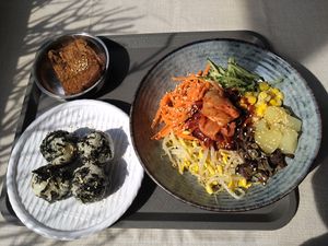 Veggie  glass noodle + sour chili sauce + rice ball, with braised bean curd sheet at Veggie All In - 歐迎食素 in Kaohsiung