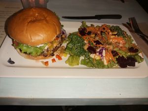 Mediterranean Burger w/ upped beet salad at MeeT on Blanshard in Victoria