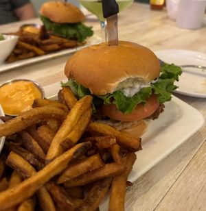 Crispy chickun mushroom burger  at MeeT on Blanshard in Victoria