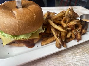 Crispy bbq burger & fries  at MeeT on Blanshard in Victoria