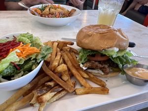 Crispy Chikn Burger, excellent fries, salad  at MeeT on Blanshard in Victoria