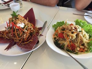 The Banana Blossom Salad - a must try! And Som Tam - Thai Papaya Salad. Both very delicious.  at Green Palace Thai Vegetarian in Cabramatta